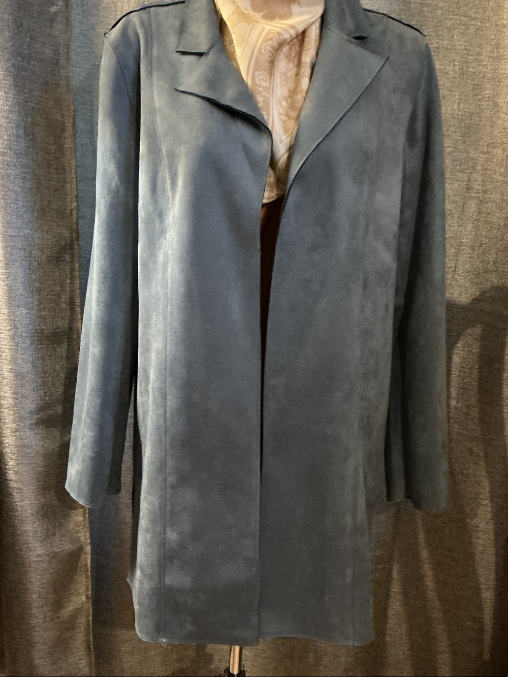 Premise Dusty Blue Suede-Feel Open Front Trench Coat